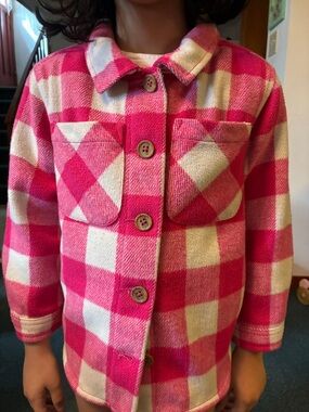 George Pink & White Plaid Girls' Button-Up Pea Coat